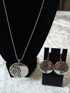 Brighton Collectables Silver & Black Swirl Pendant Necklace, Matching Earrings